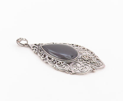 925 Sterling Silver  Vintage Black Onyx Floral Baroque Swirl Pendant  PT15438