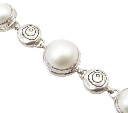925 Sterling Silver  Vintage Pearl Domes Etched Link Chain Bracelet  BT5970