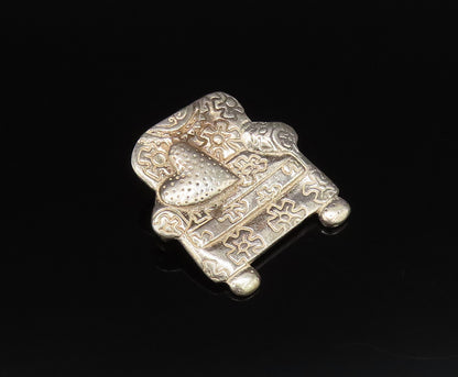 925 Silver  Vintage Floral Engraved Armchair & Heart Pillow Brooch Pin  BP9997