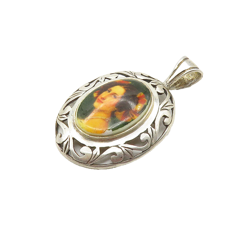 JEZLAINE 925 Sterling Silver  Vintage Enamel Woman Portrait Pendant  PT13824