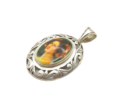 JEZLAINE 925 Sterling Silver  Vintage Enamel Woman Portrait Pendant  PT13824