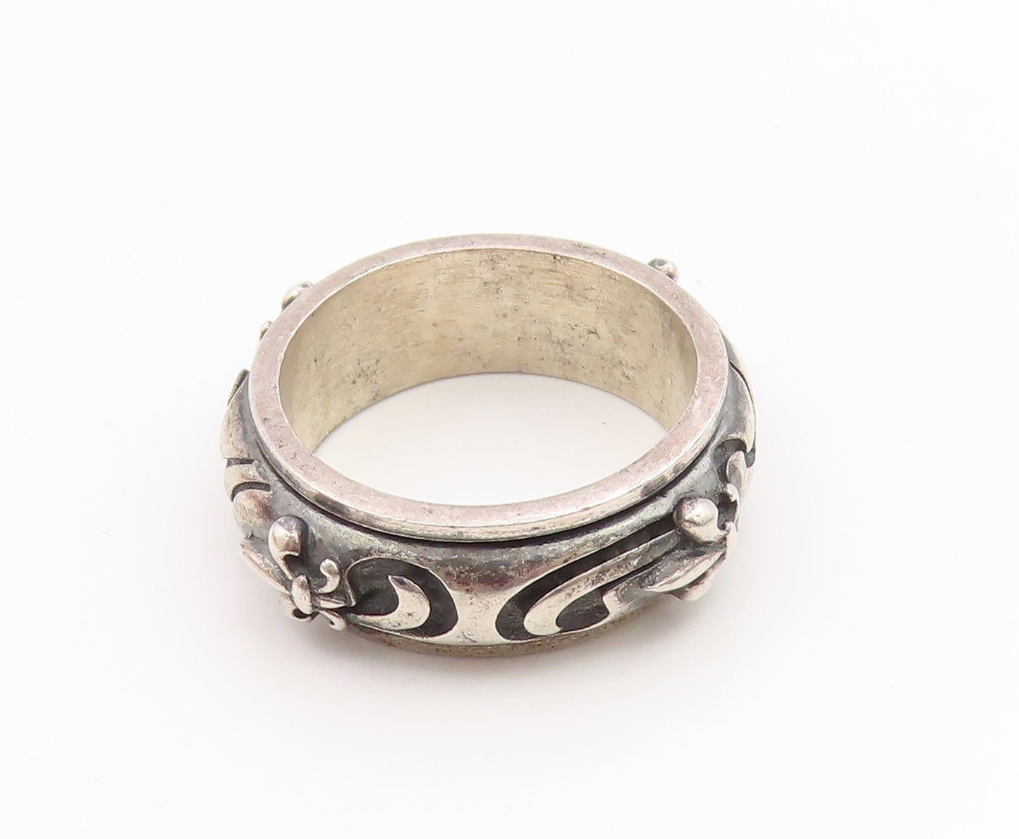 925 Sterling Silver Vintage Ring Floral Scrollwork Spinner Band  Sz 10  RG35902