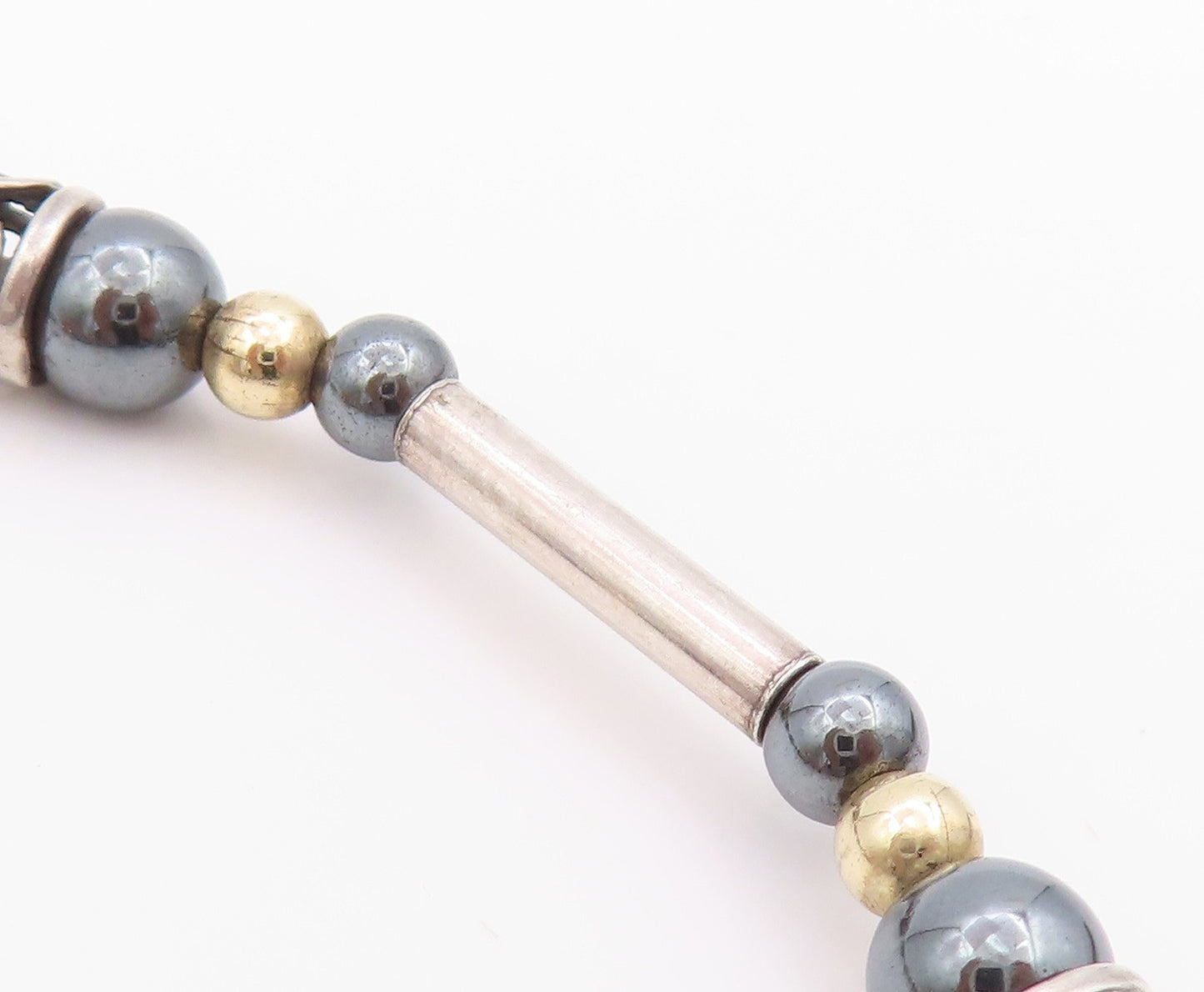 925 Sterling Silver Vintage Necklace Two Tone Hematite Bead & Barrel Tube NE4132