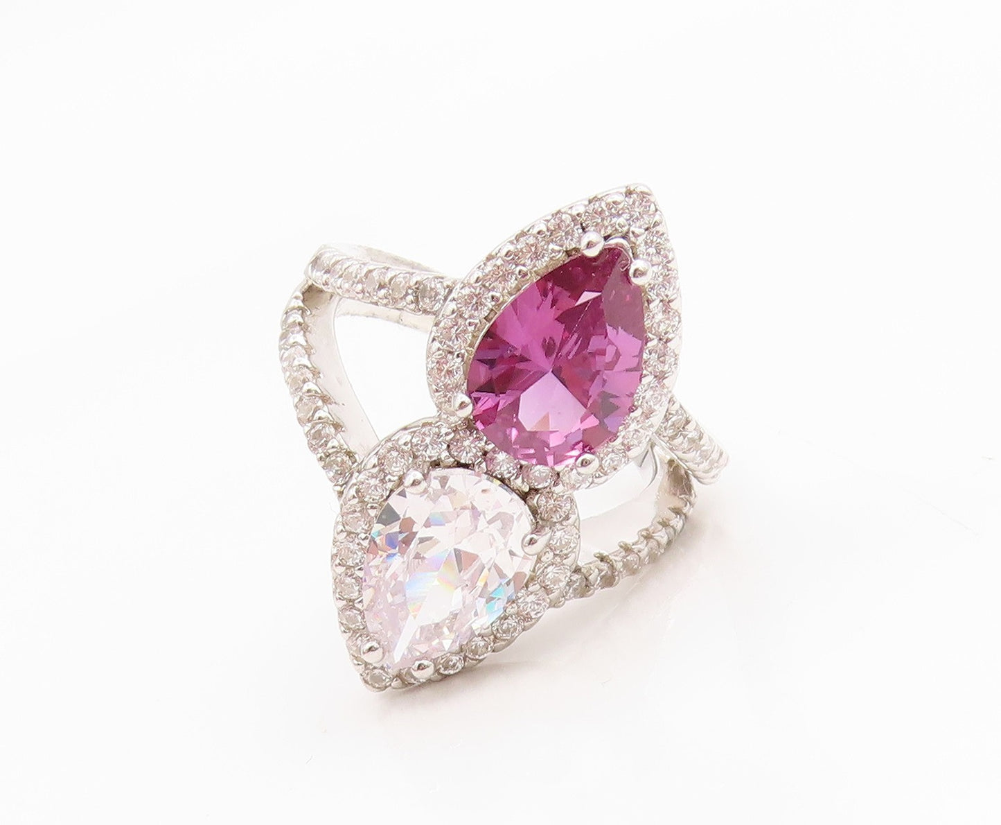 925 Sterling Silver Vintage Ring Elegant Pear Cut Amethyst & CZ  Sz 7  RG35834