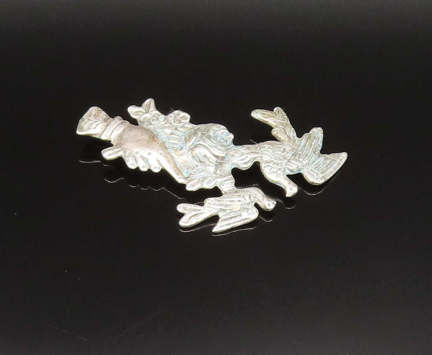 925 Silver  Vintage Antique Hand Holding Flower & Dove Birds Brooch Pin BP9573