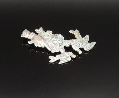 925 Silver  Vintage Antique Hand Holding Flower & Dove Birds Brooch Pin BP9573