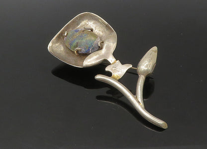 925 Sterling Silver  Vintage Jasper Shiny Flower Motif Brooch Pin  BP8795