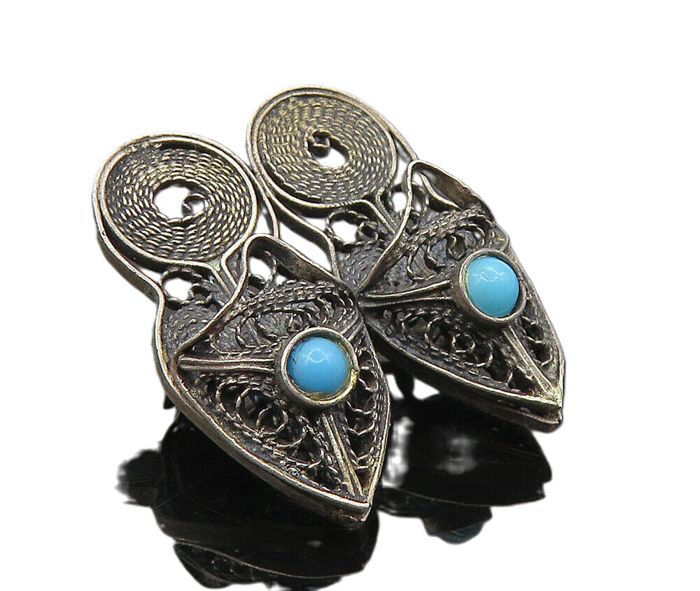 925 Sterling Silver  Vintage Antique Petite Turquoise Shoes Brooch Pin  BP3537