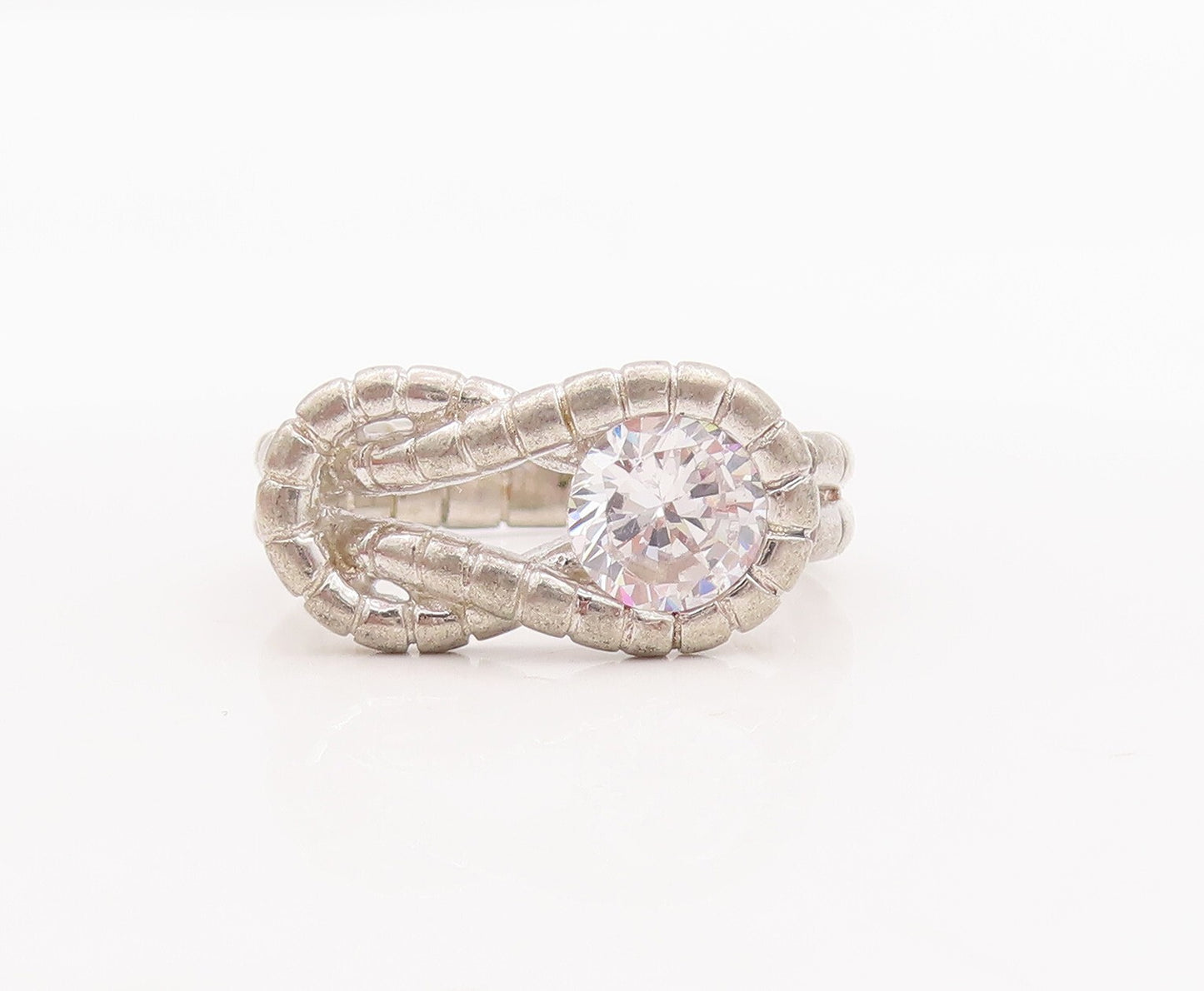 925 Sterling Silver Vintage Ring Loop Knot Round CZ Beaded  Sz 5  RG29107