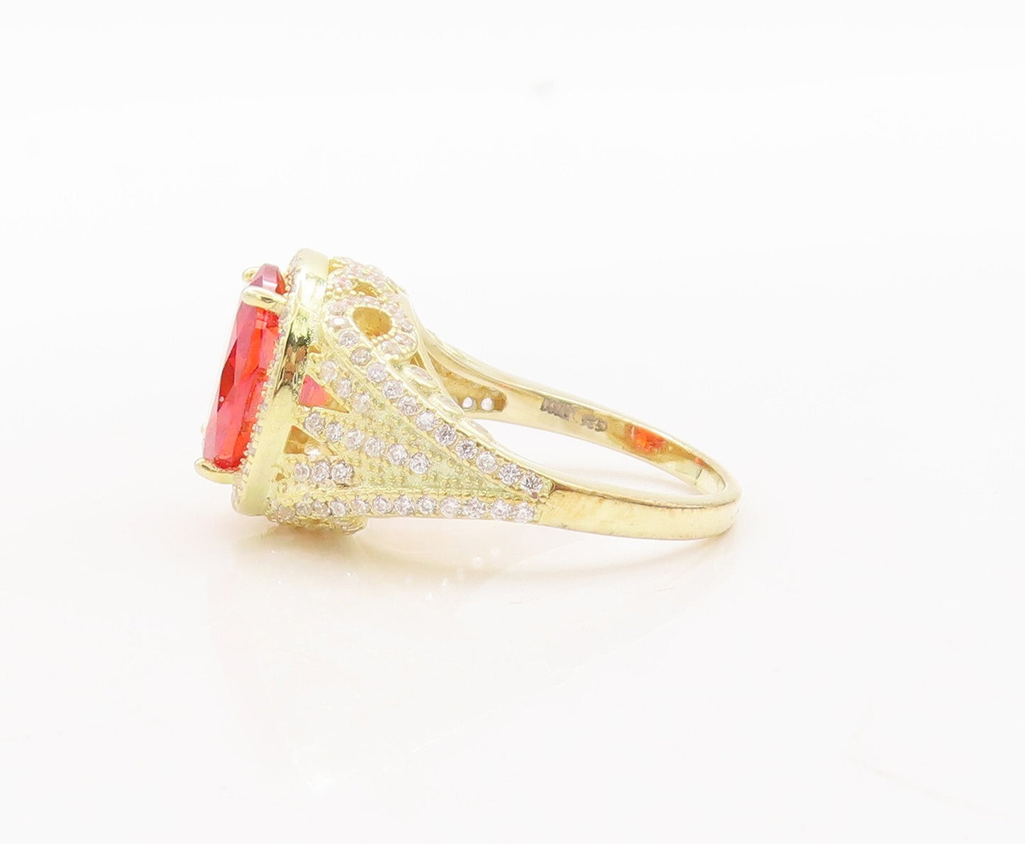 925 Sterling Silver Vintage Ring Gold Plated Oval Red & White CZ  Sz 7  RG29769