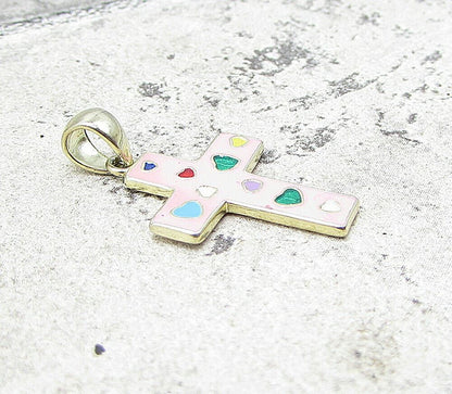 Gold Over 925 Sterling Silver Love Hearts Enamel Cross Drop Pendant PT1203