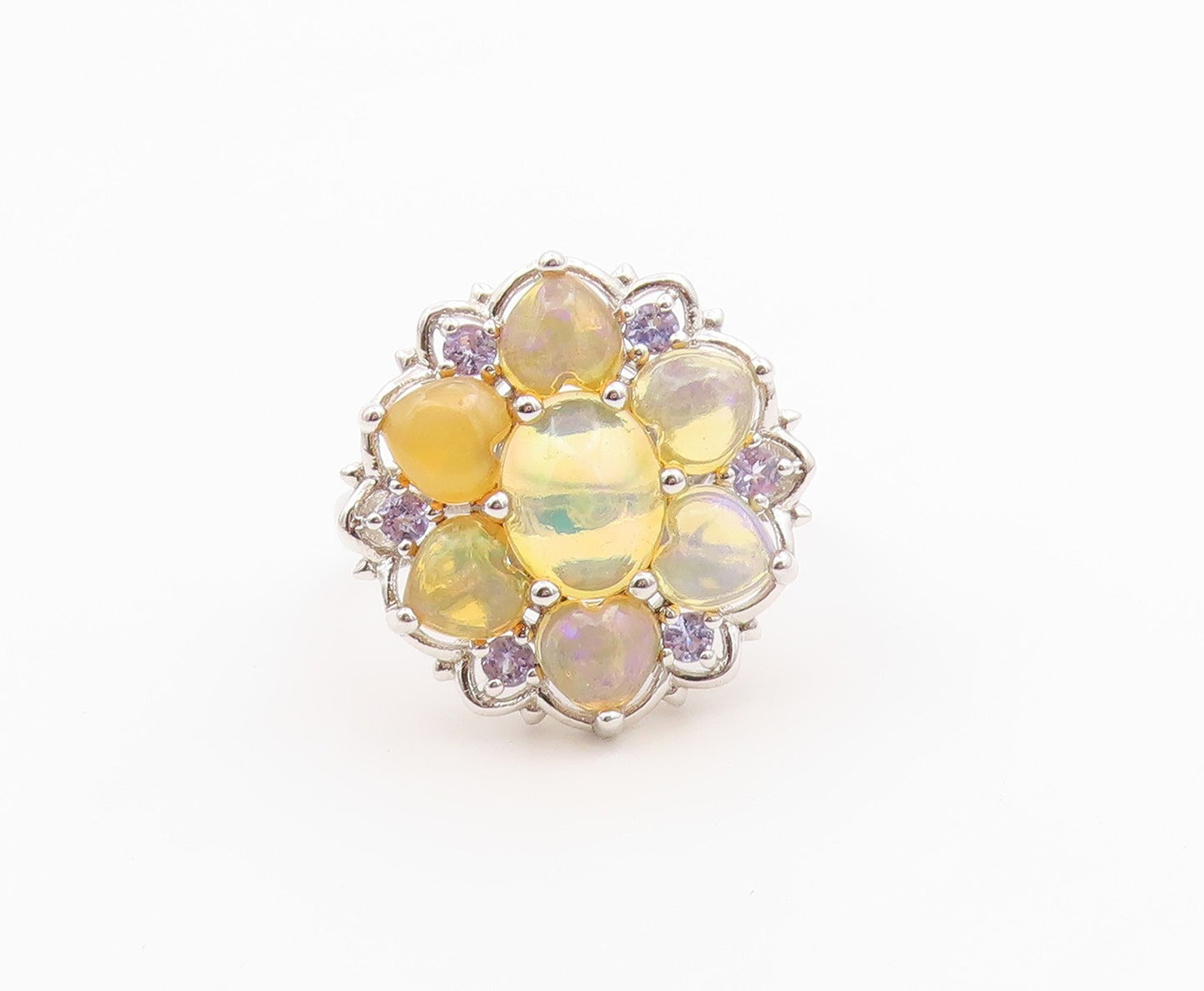 925 Sterling Silver Vintage Ring Opal & Tanzanite Floral Petal  Sz 11.5  RG36499