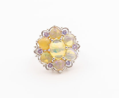 925 Sterling Silver Vintage Ring Opal & Tanzanite Floral Petal  Sz 11.5  RG36499