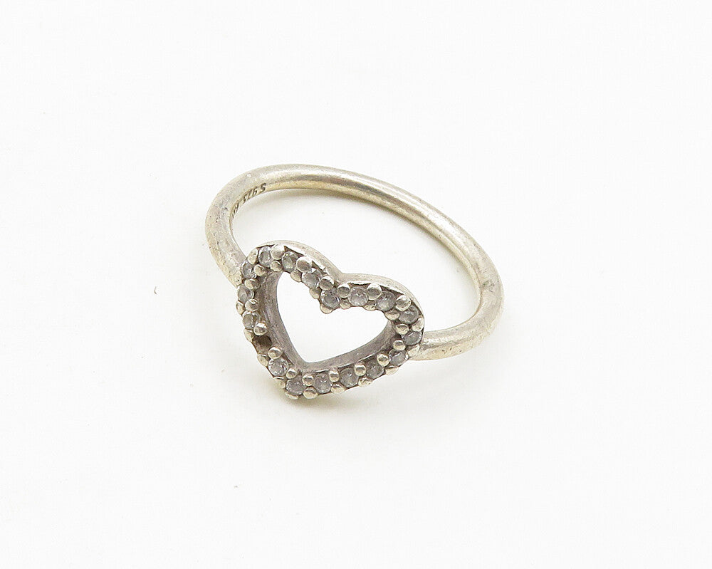 PANDORA 925 Silver  Vintage Shiny Topaz Open Love Heart Ring Sz 6.5  RG19202