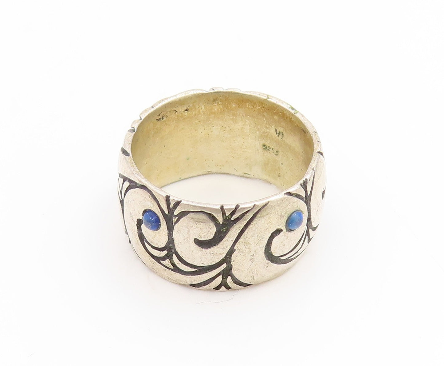 925 Sterling Silver Vintage Ring Lapis Lazuli Scrollwork Wide Band Sz 7 RG35241