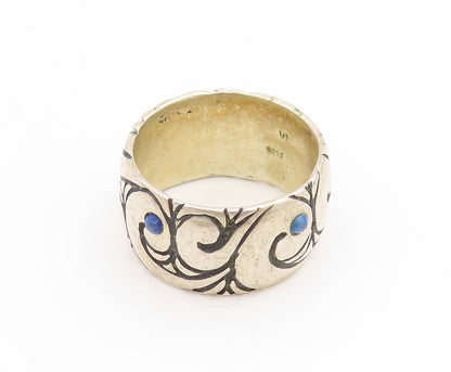 925 Sterling Silver Vintage Ring Lapis Lazuli Scrollwork Wide Band Sz 7 RG35241