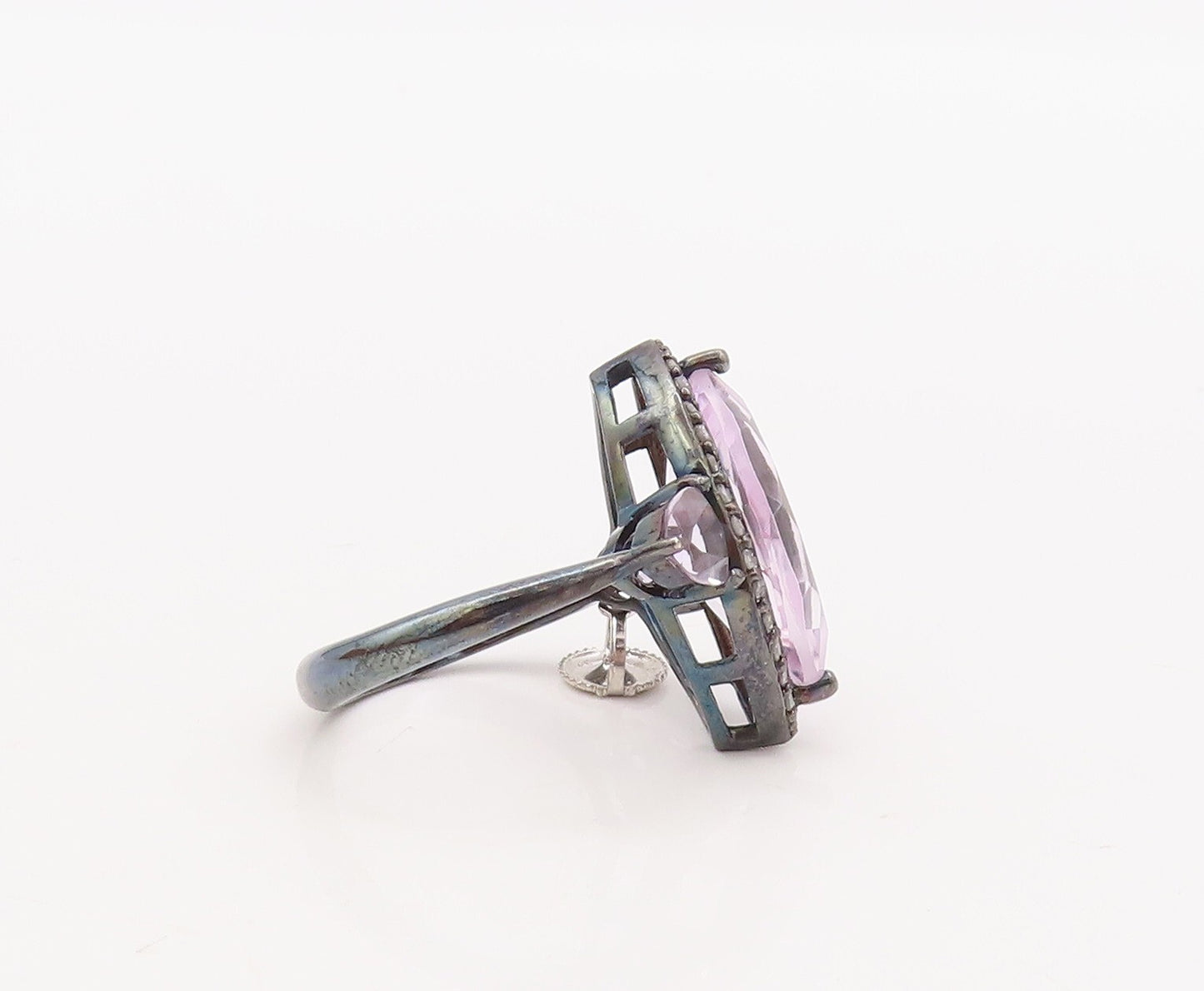 925 Sterling Silver Vintage Ring Marquise Amethyst Halo Diamonds  Sz 8  RG29816