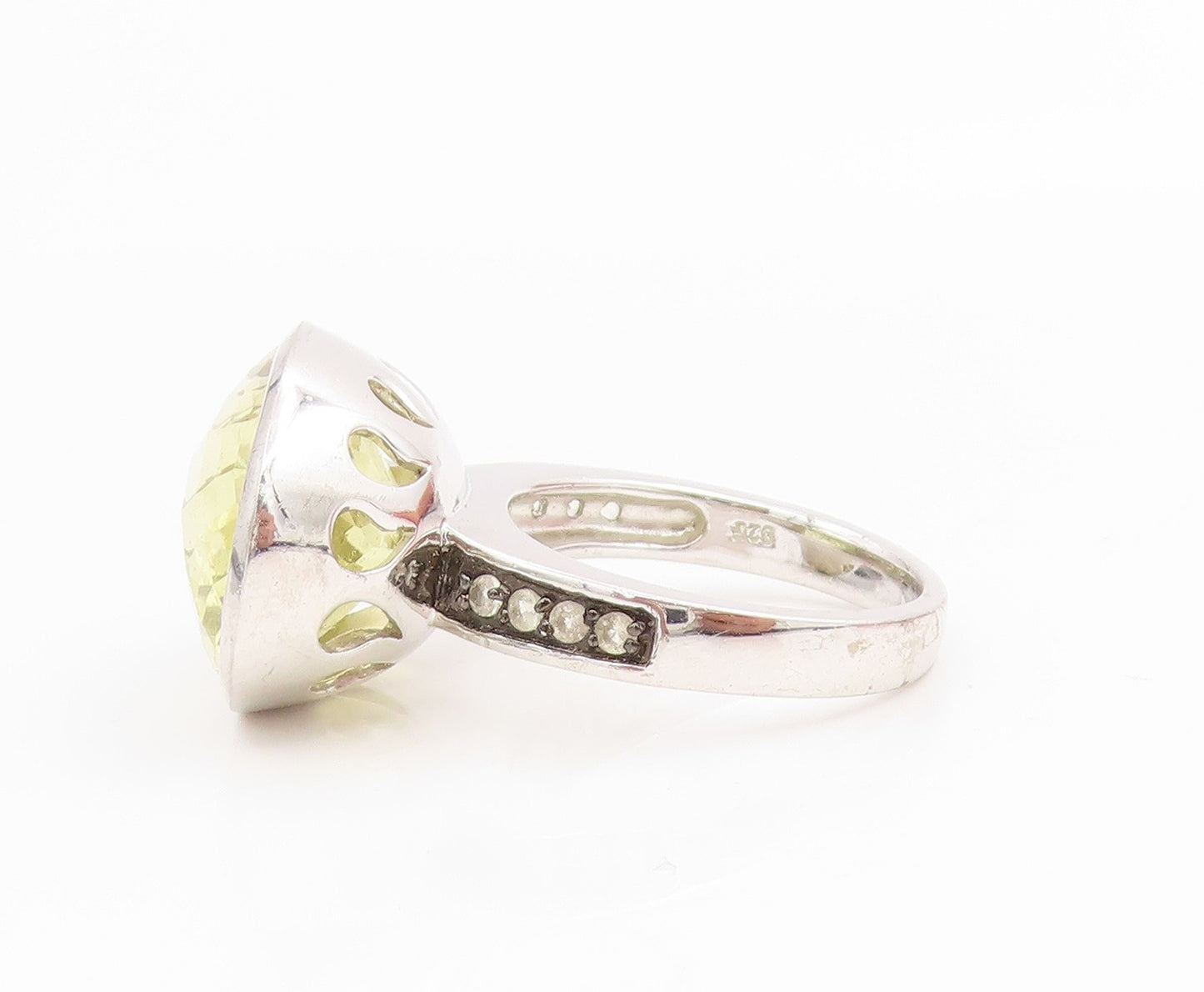 925 Sterling Silver Vintage Ring Large Lemon Citrine & CZ Band  Sz 9  RG34436