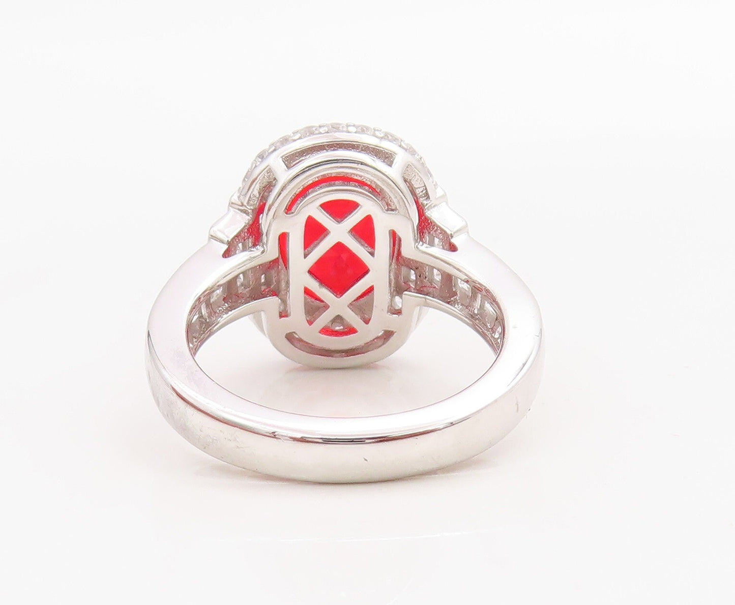 925 Sterling Silver Vintage Ring Oval Cut Red Halo White Topaz  Sz 7  RG30730