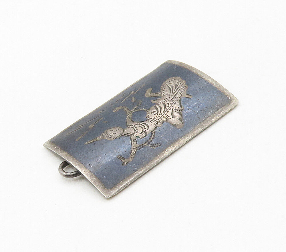 SIAM 925 Sterling Silver  Vintage Enamel Niello Dancer Square Pendant  PT12217