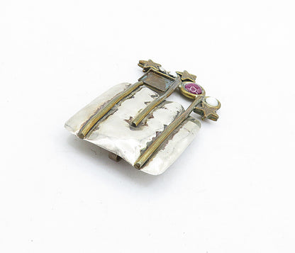 925 Sterling Silver  Vintage Mother Of Pearl & Topaz 2 Tone Brooch Pin  BP2097