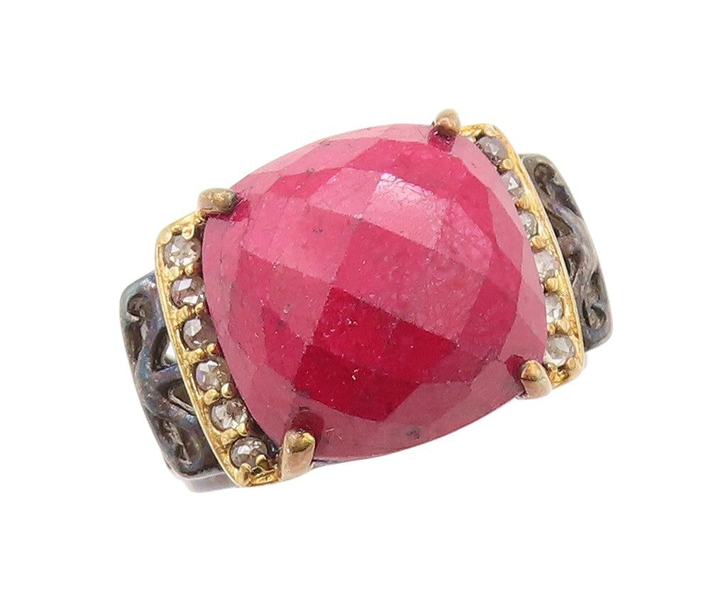 925 Sterling Silver Vintage Ring Diamonds & Gemstone Cutout Band  Sz 7  RG30792