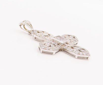 925 Sterling Silver Vintage Pendant CZ Beaded Floral Carved Cross "X"  PT22853