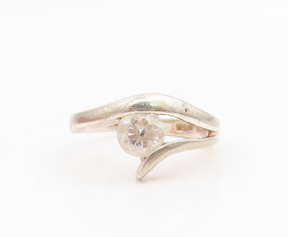 925 Sterling Silver Vintage Ring CZ Elegant Crossover Wave Band  Sz 7.5  RG35028