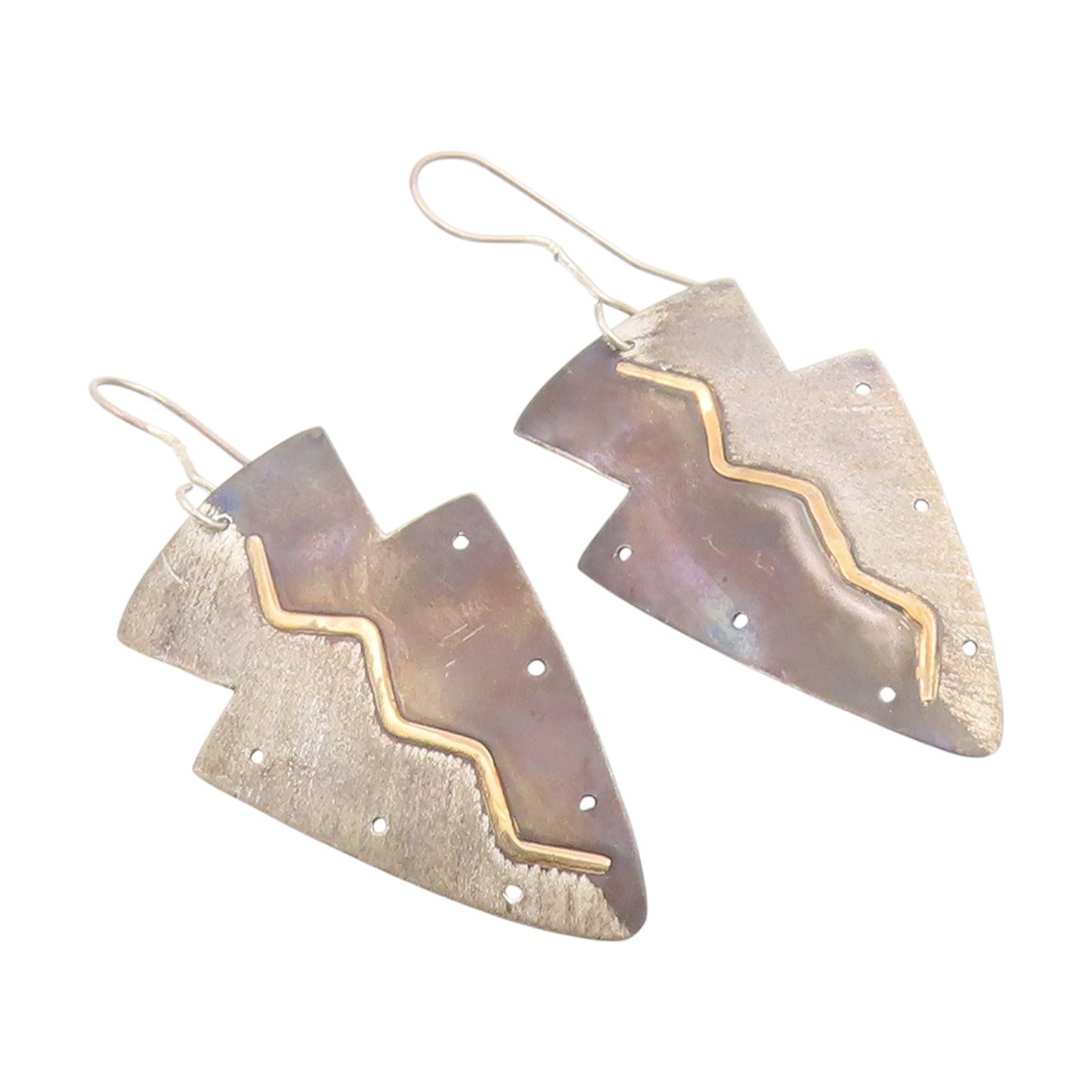 14k Gold & 925 Sterling Silver Vintage Earrings Designer Zigzag Dangle  EG14027