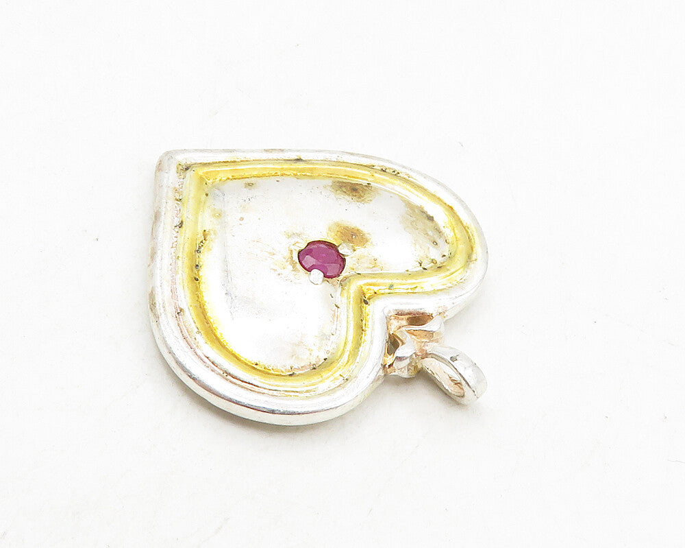 925 Sterling Silver  Vintage Petite Ruby Two Tone Love Heart Pendant  PT7420
