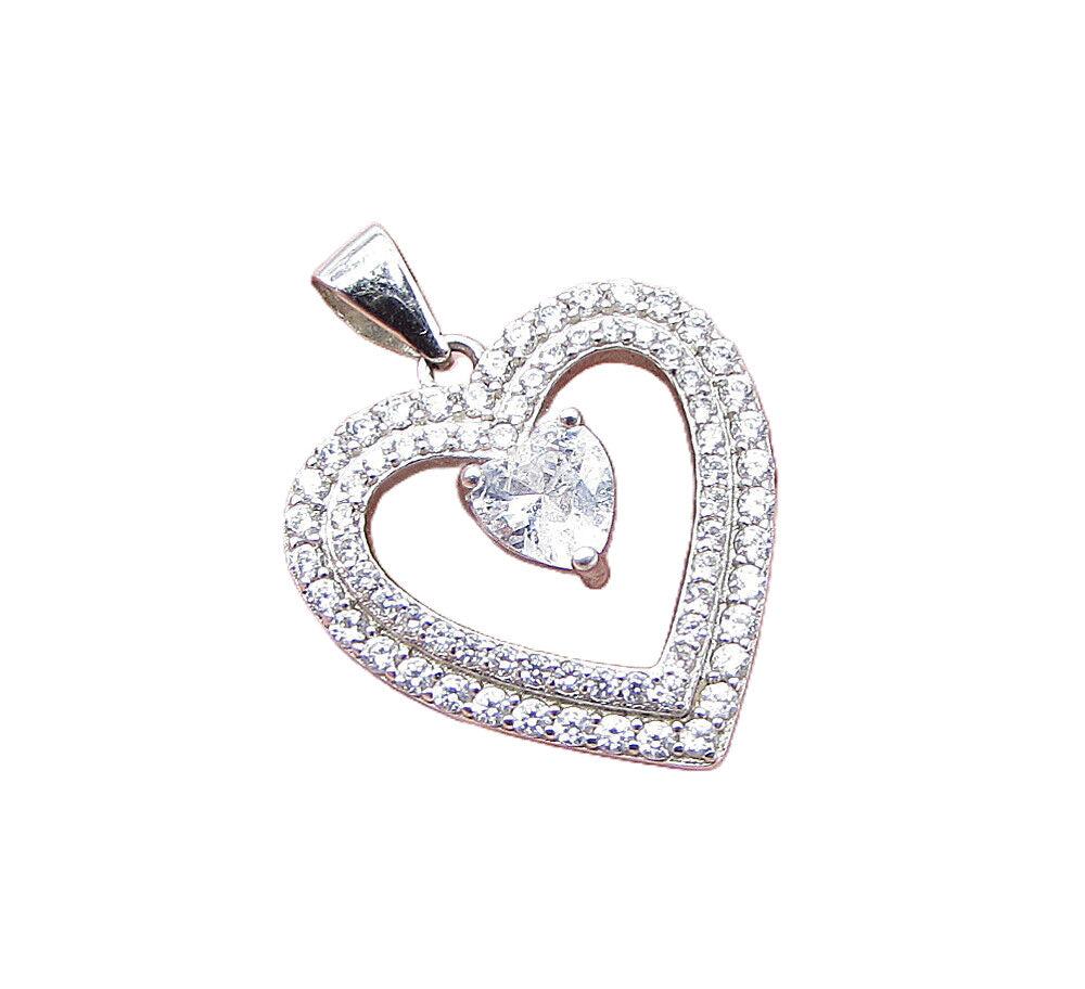 925 Sterling Silver  White Topaz & Cubic Zirconia Love Heart Pendant  PT1114