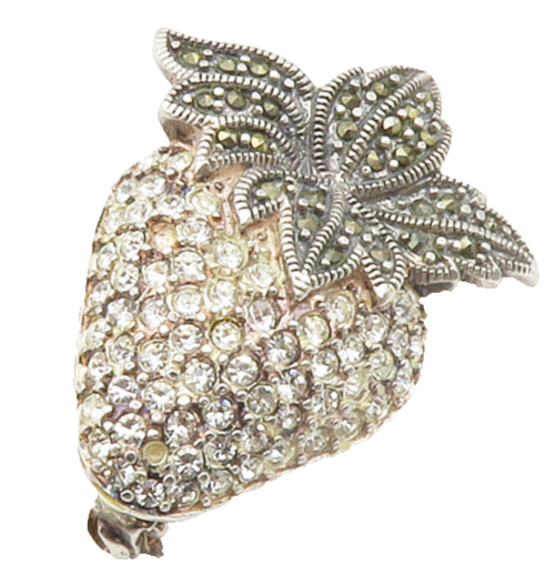 925 Silver  Vintage Cubic Zirconia & Marcasite Strawberry Brooch Pin  BP5732