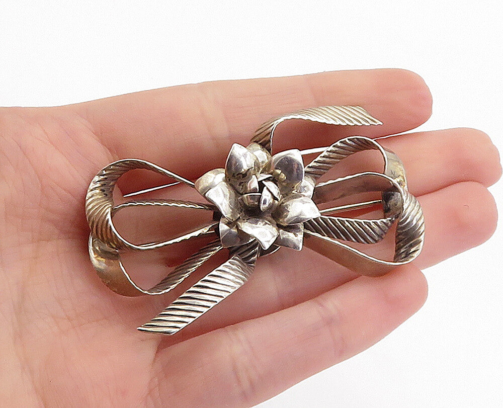 RAFFAELE 925 Silver  Vintage Sculpted Flower Ribbon Bow Brooch Pin  BP2112