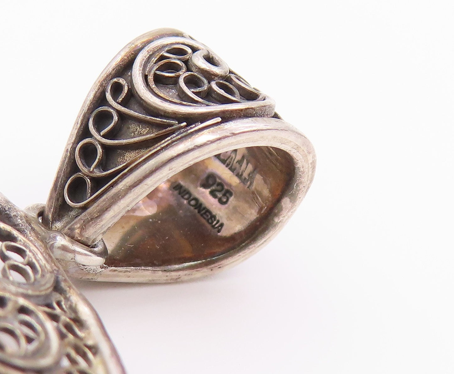 925 Sterling Silver Vintage Pendant Openwork Filigree Lovebirds Medal  PT26447