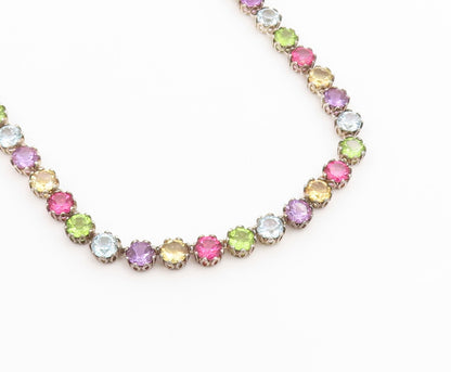 925 Sterling Silver Vintage Necklace Multi Gemstone Tennis Link Chain  NE4906