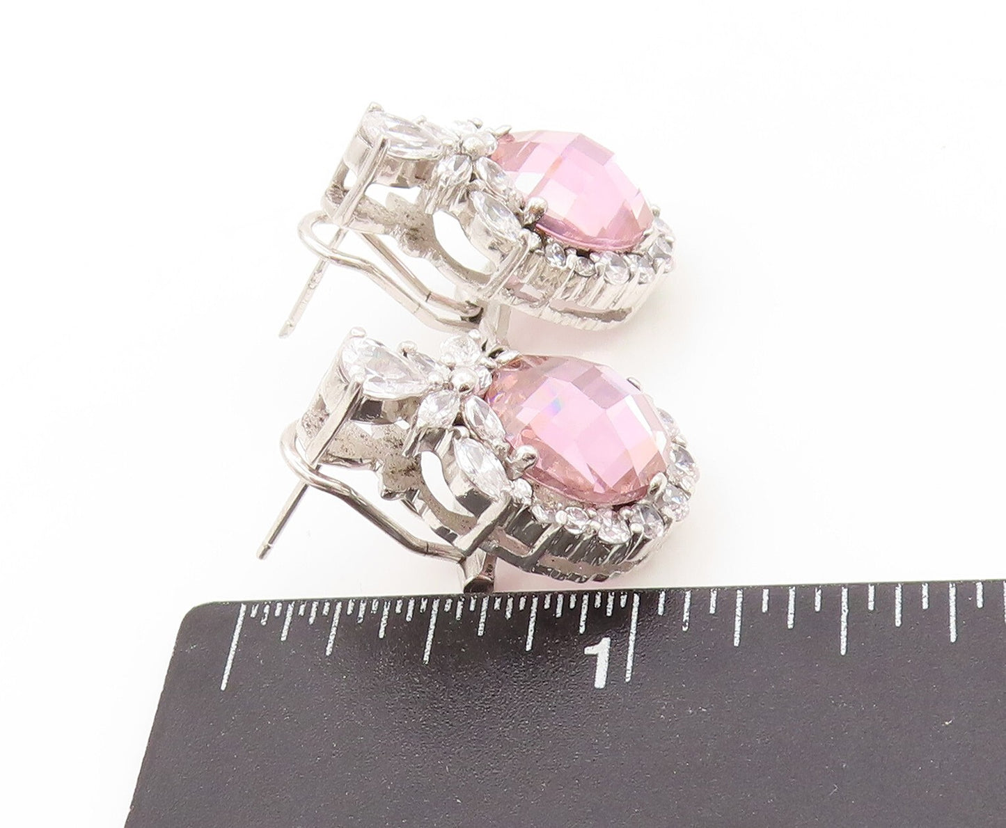 925 Sterling Silver Vintage Earrings Round Pink & White CZ Floral Design EG13396