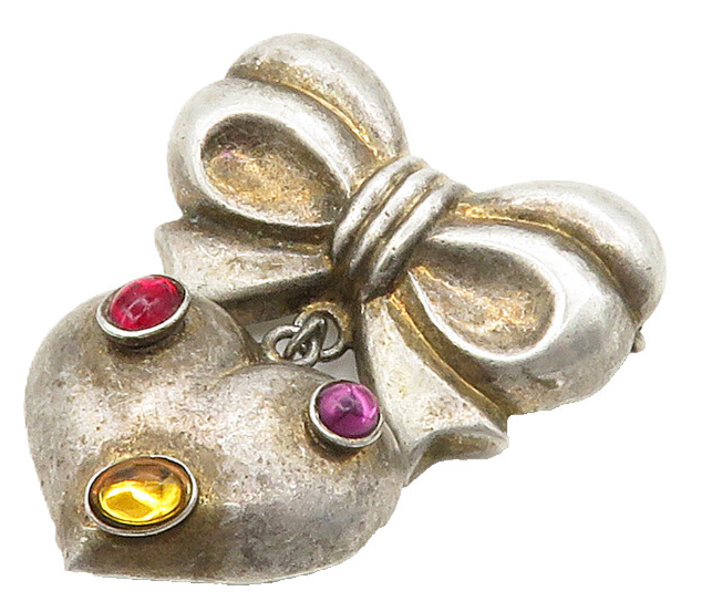 925 Silver  Vintage Amethyst & Topaz Heart Bow Tied Ribbon Brooch Pin  BP6265