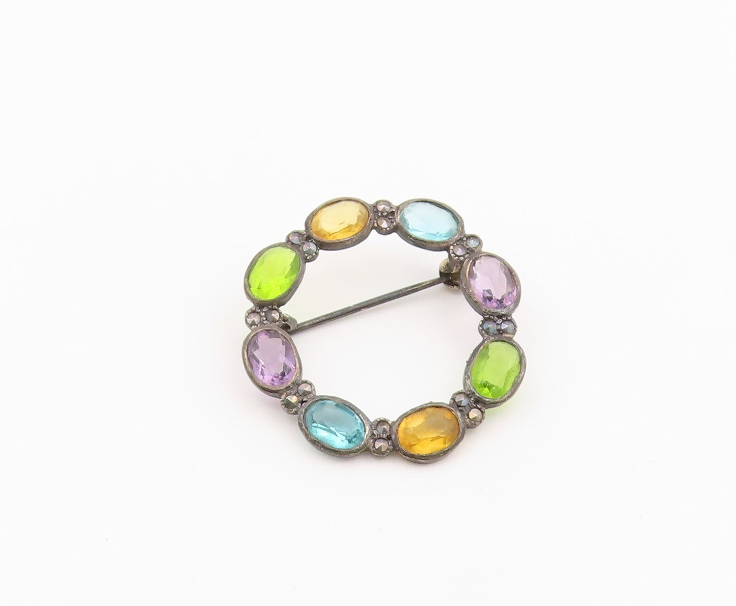925 Sterling Silver Vintage Brooch Pin Multi Gemstone Circle Wreath  BP12586