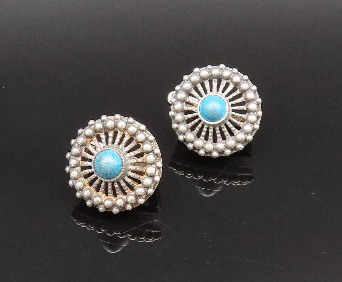 EUROPEAN 925 Silver  Vintage Beaded Edge Chrysocolla Wheel Earrings  EG12294