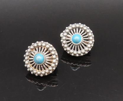 EUROPEAN 925 Silver  Vintage Beaded Edge Chrysocolla Wheel Earrings  EG12294