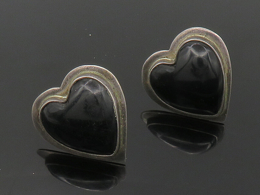 MEXICO 925 Silver  Vintage Black Onyx Love Heart Non Pierce Earrings  EG9066