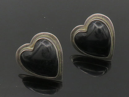 MEXICO 925 Silver  Vintage Black Onyx Love Heart Non Pierce Earrings  EG9066