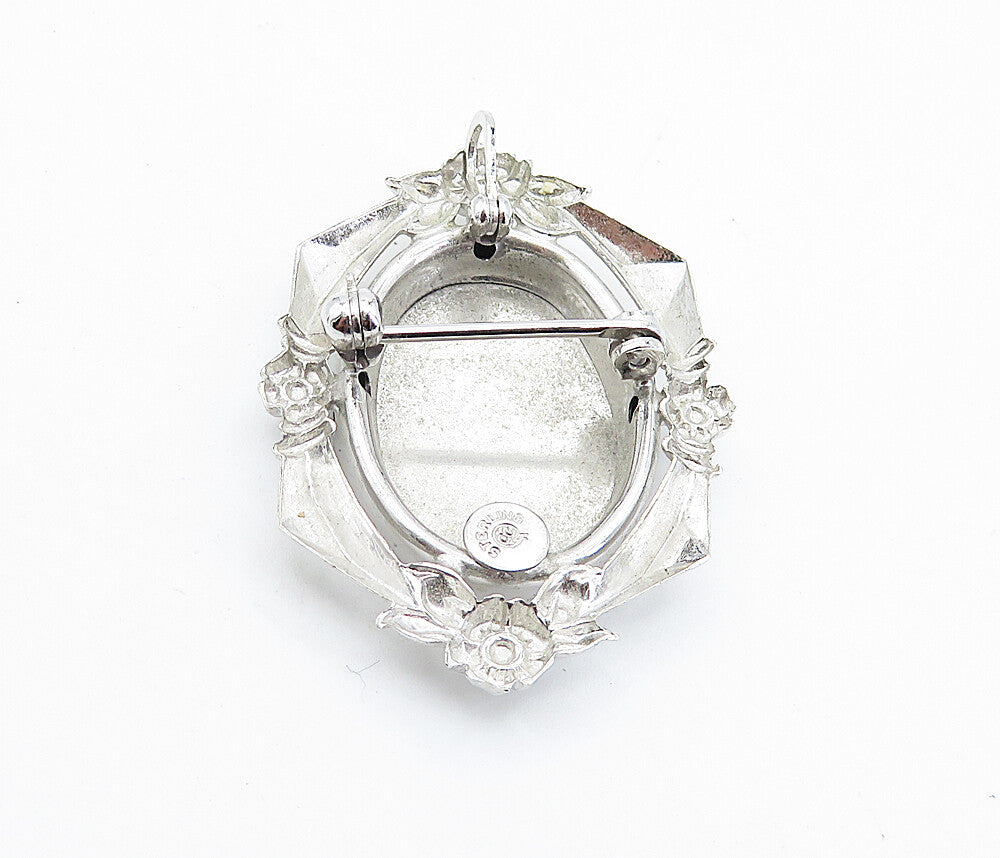 925 Sterling Silver  Vintage Shiny Floral Wreath Matte Oval Brooch Pin  BP2767