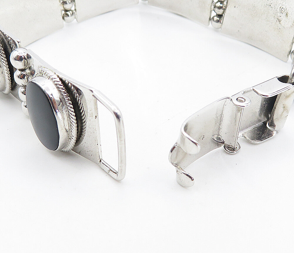 925 Sterling Silver Black Onyx Panel Hinge Link Shiny Chain Bracelet  BT3509