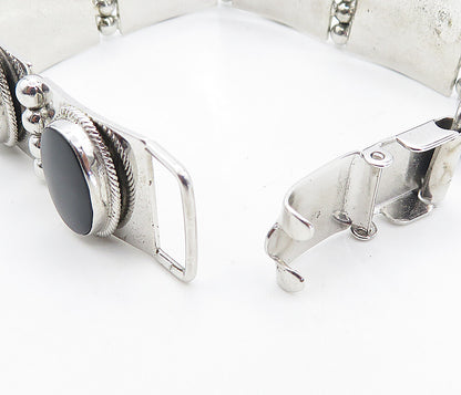 925 Sterling Silver Black Onyx Panel Hinge Link Shiny Chain Bracelet  BT3509