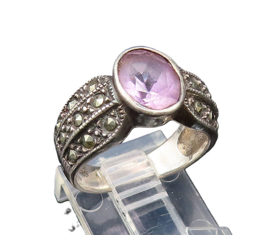 925 Sterling Silver Vintage Amethyst & Multi Row Marcasite Ring Sz 6.5 RG25558