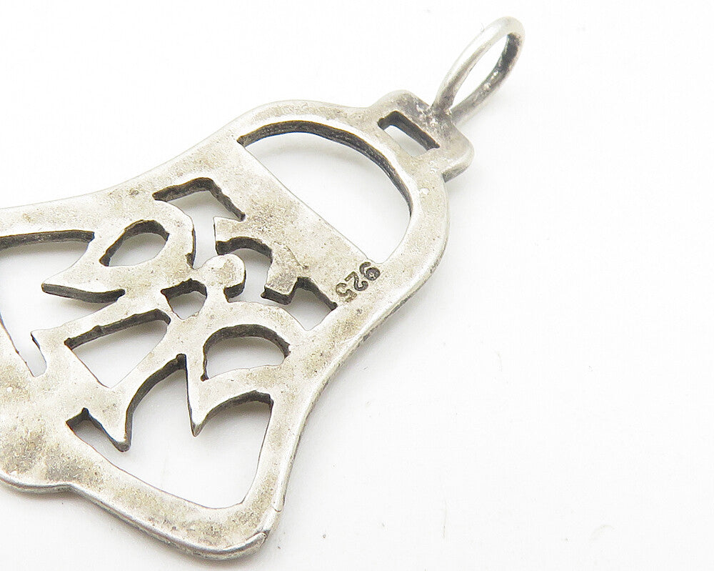 925 Sterling Silver  Vintage Dark Tone Cutout Ribbon Bell Pendant  PT8739