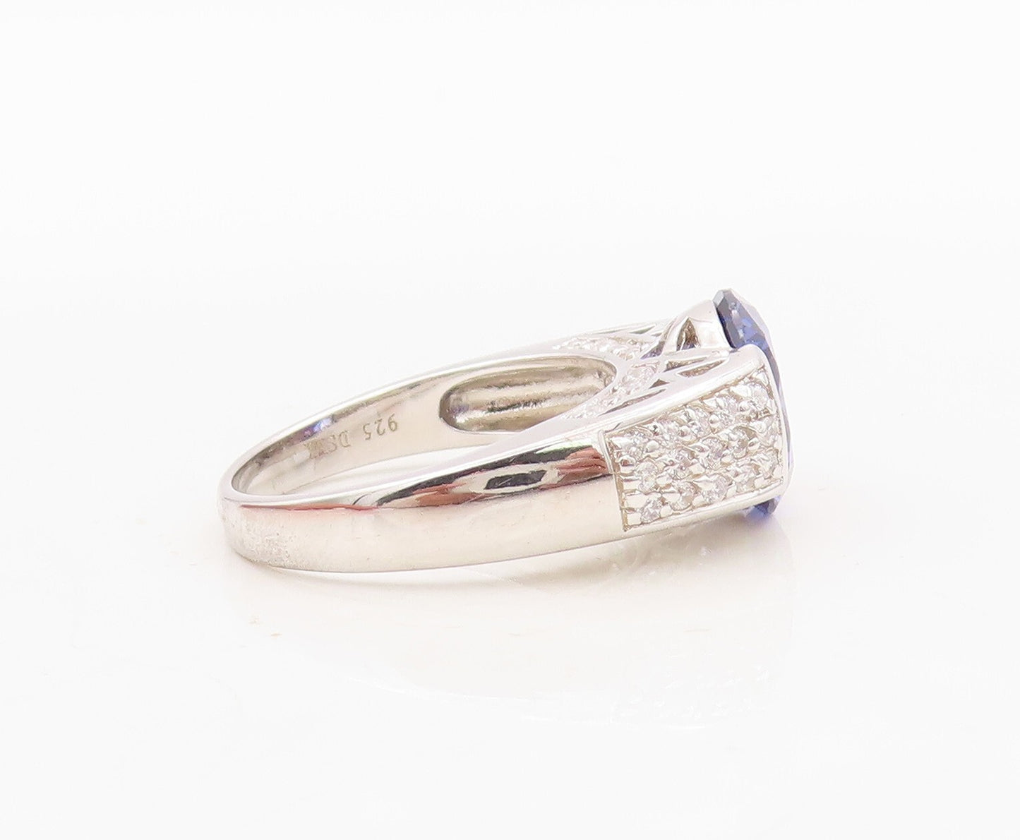 925 Sterling Silver Vintage Ring Round Cut Sapphire & CZ Inlay Sz 7  RG30460