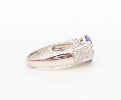 925 Sterling Silver Vintage Ring Round Cut Sapphire & CZ Inlay Sz 7  RG30460