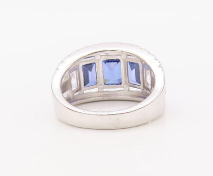 925 Sterling Silver Vintage Ring Rectangle Cut Sapphire & CZ  Sz 7.5  RG30616